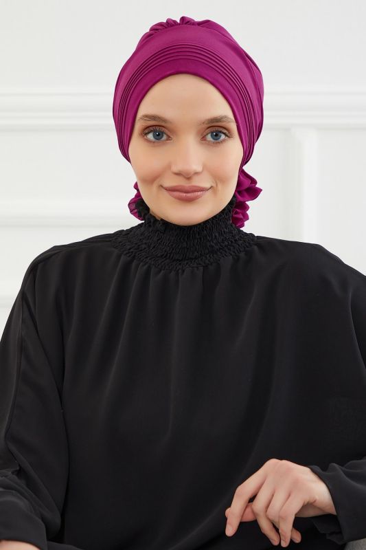 Pileli Tasarım Şifon Hazır Türban,HT-31,HT-31 Fuşya - 6