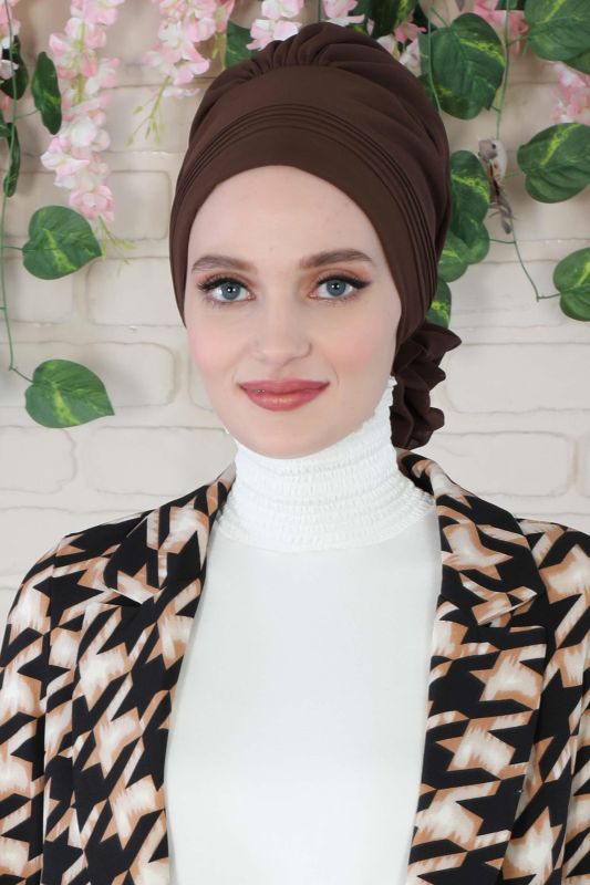Pileli Tasarım Şifon Hazır Türban,HT-31,HT-31 Kahverengi - 1