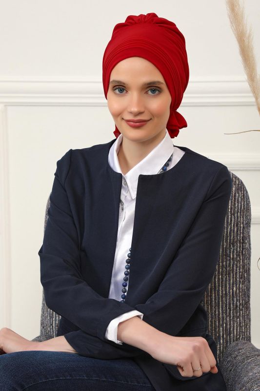 Pileli Tasarım Şifon Hazır Türban,HT-31,HT-31 Kırmızı - 1