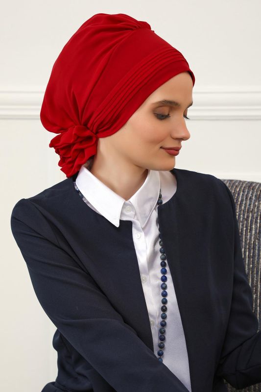Pileli Tasarım Şifon Hazır Türban,HT-31,HT-31 Kırmızı - 2