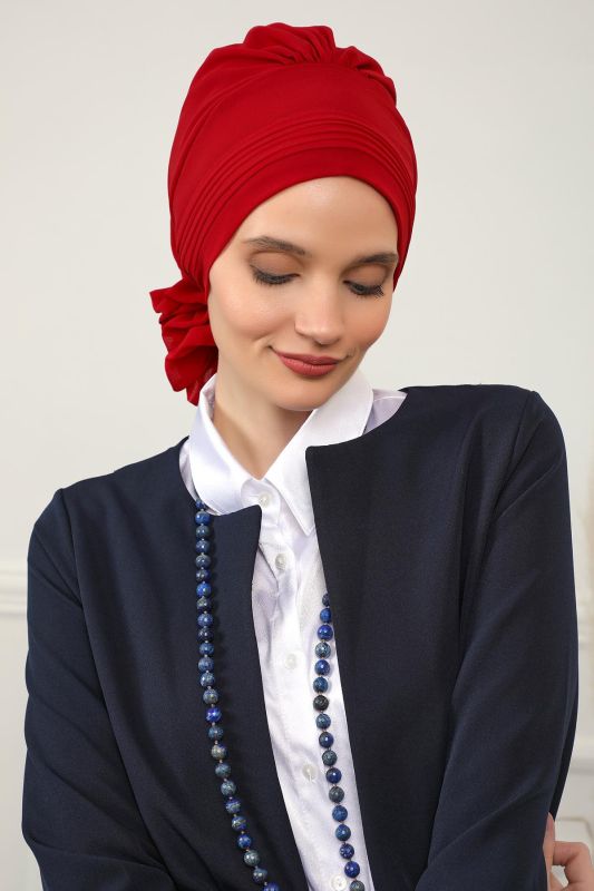 Pileli Tasarım Şifon Hazır Türban,HT-31,HT-31 Kırmızı - 3