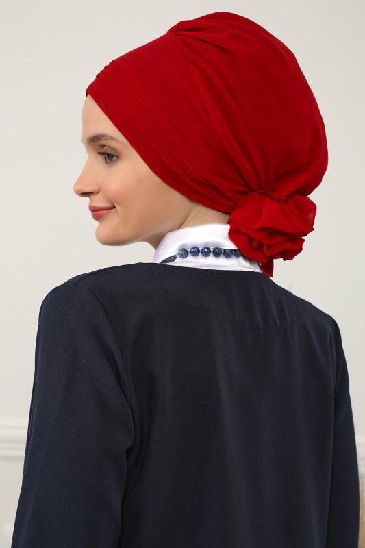 Pileli Tasarım Şifon Hazır Türban,HT-31,HT-31 Kırmızı - 5