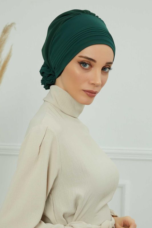 Pileli Tasarım Şifon Hazır Türban,HT-31,HT-31 Koyu Yeşil - 1