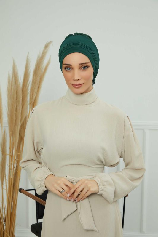 Pileli Tasarım Şifon Hazır Türban,HT-31,HT-31 Koyu Yeşil - 2
