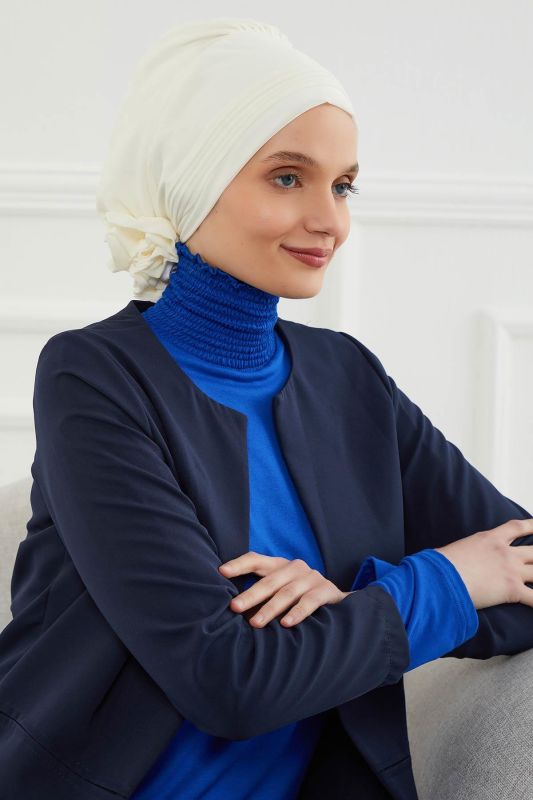 Pileli Tasarım Şifon Hazır Türban,HT-31,HT-31 Krem - 3