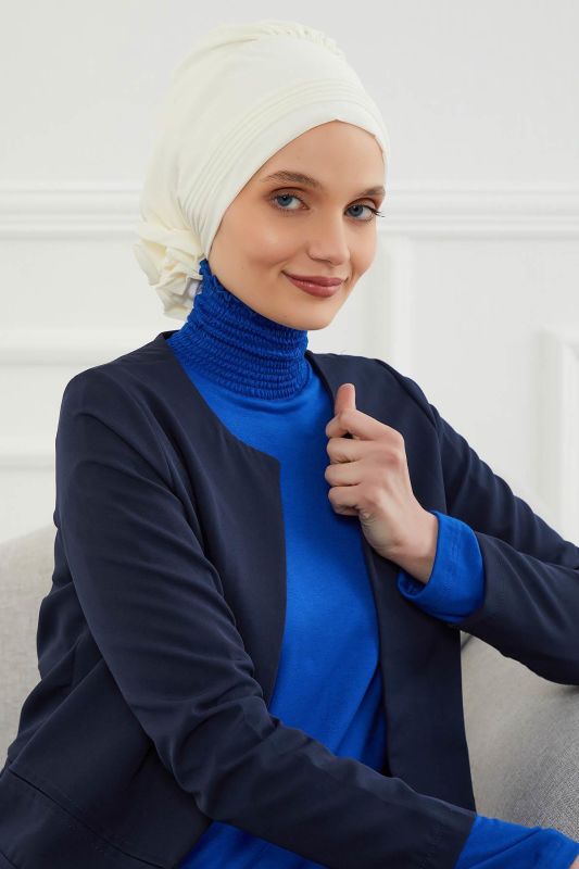 Pileli Tasarım Şifon Hazır Türban,HT-31,HT-31 Krem - 4