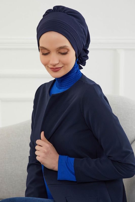 Pileli Tasarım Şifon Hazır Türban,HT-31,HT-31 Lacivert - 2