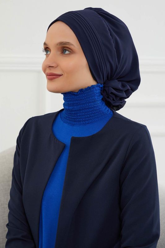 Pileli Tasarım Şifon Hazır Türban,HT-31,HT-31 Lacivert - 3