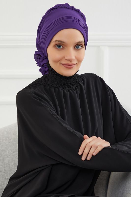 Pileli Tasarım Şifon Hazır Türban,HT-31,HT-31 Mor - 1