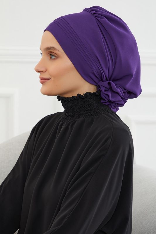 Pileli Tasarım Şifon Hazır Türban,HT-31,HT-31 Mor - 2