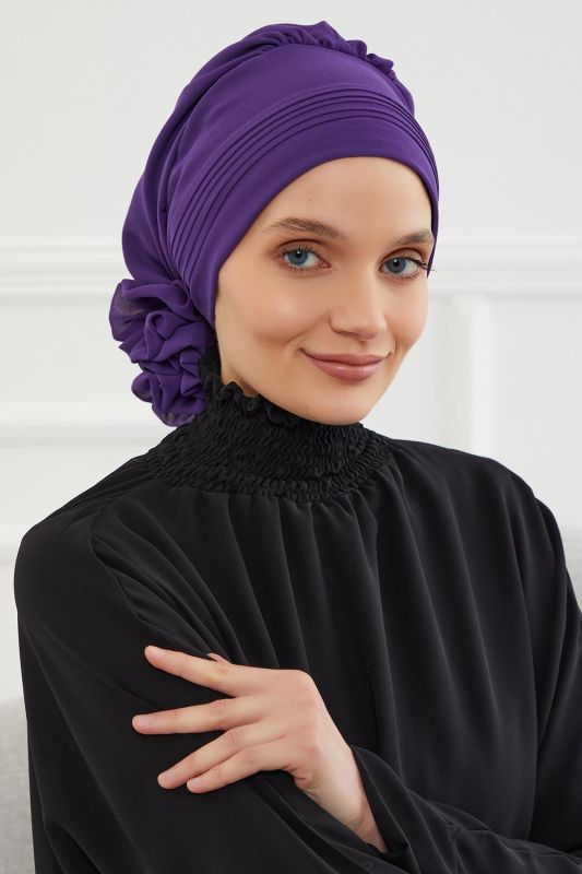 Pileli Tasarım Şifon Hazır Türban,HT-31,HT-31 Mor - 4