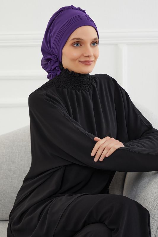 Pileli Tasarım Şifon Hazır Türban,HT-31,HT-31 Mor - 6