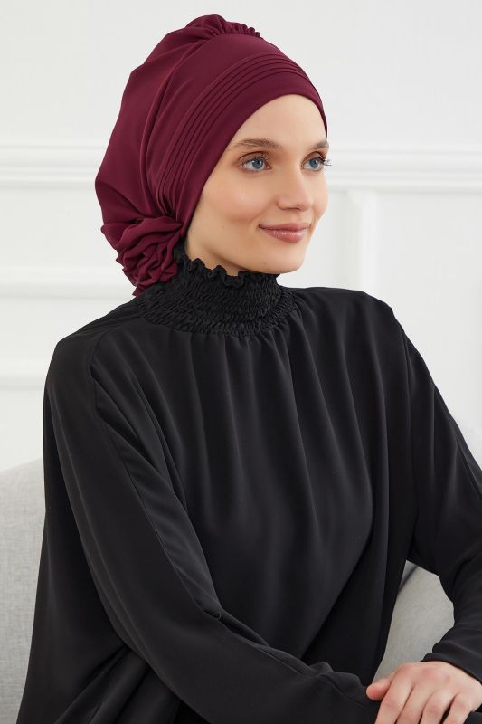 Pileli Tasarım Şifon Hazır Türban,HT-31,HT-31 Mürdüm - 4