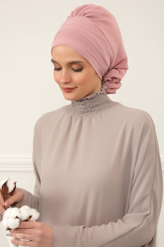 Pileli Tasarım Şifon Hazır Türban,HT-31,HT-31 Pudra - 1