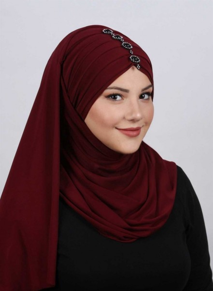 Pileli Taşlı Şal Bordo - 2