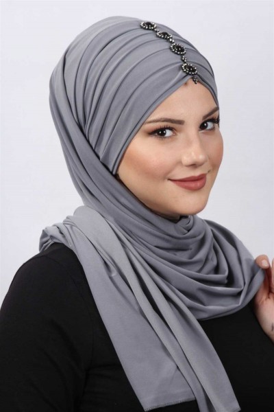 Pileli Taşlı Şal Gri - 2