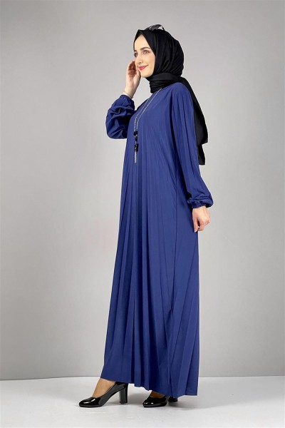 Piliseli Sandy Elbise İNDİGO - Thumbnail