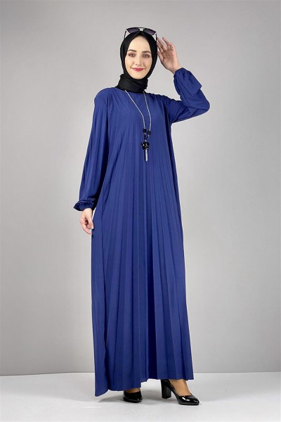 Piliseli Sandy Elbise İNDİGO - Thumbnail