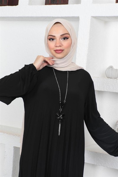 Piliseli Sandy Elbise SİYAH - Thumbnail