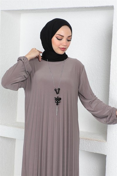 Piliseli Sandy Elbise VİZON - Thumbnail