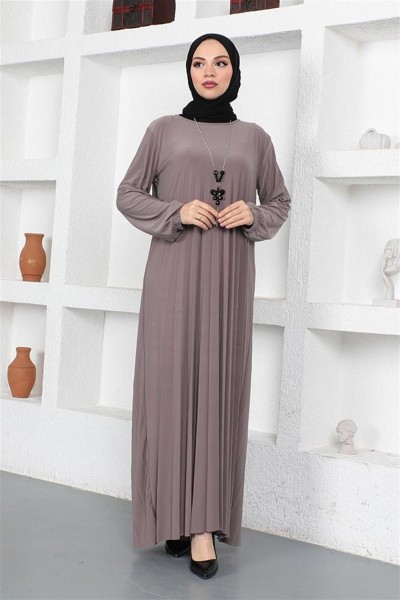 Piliseli Sandy Elbise VİZON - Thumbnail