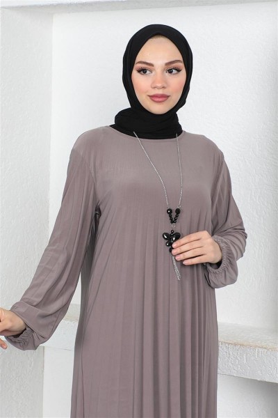 Piliseli Sandy Elbise VİZON - Thumbnail