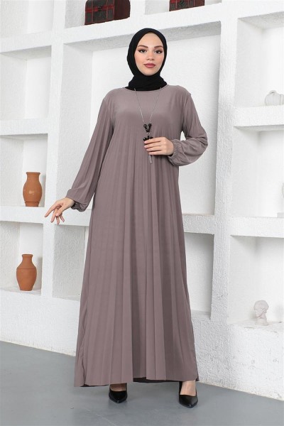 Piliseli Sandy Elbise VİZON - Thumbnail