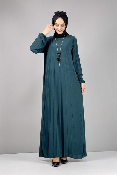 Piliseli Sandy Elbise ZÜMRÜT YEŞİLİ - Thumbnail