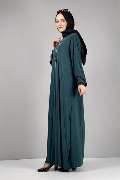 Piliseli Sandy Elbise ZÜMRÜT YEŞİLİ - Thumbnail