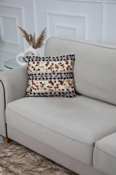 Moda Çizgi - Throw Pillow Cover with Pompom Accessory, K-259 Multicolor-Beige
