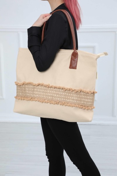 Moda Çizgi - Pompom Detailed Shoulder Bag, C-34 Beige