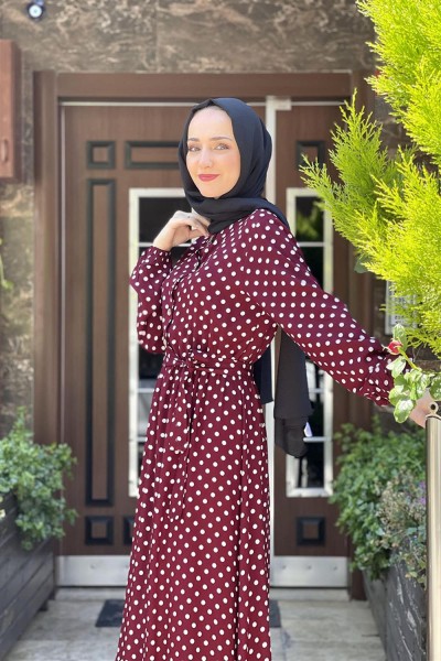 Puantiye Desenli Viskon Elbise BORDO - Thumbnail