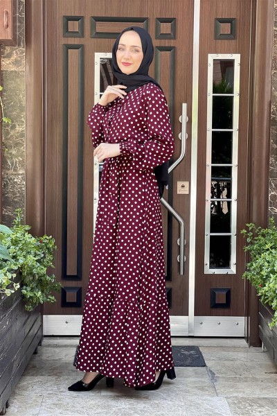 Puantiye Desenli Viskon Elbise BORDO - Thumbnail