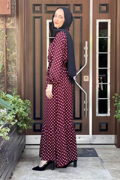 Puantiye Desenli Viskon Elbise BORDO - Thumbnail
