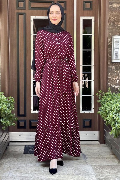 Puantiye Desenli Viskon Elbise BORDO - Thumbnail