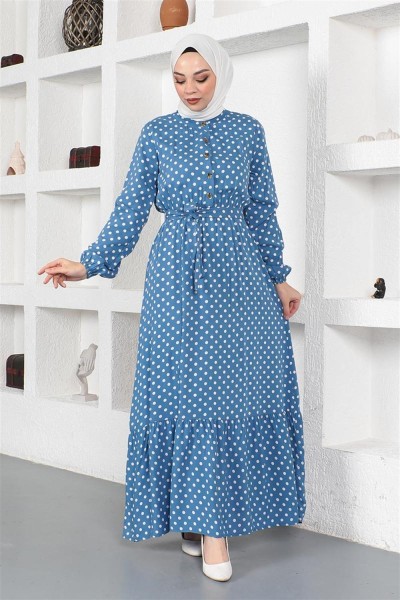 Puantiye Desenli Viskon Elbise İNDİGO - Thumbnail