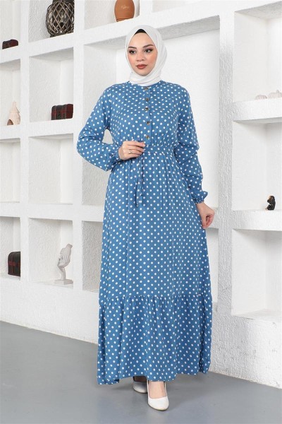 Puantiye Desenli Viskon Elbise İNDİGO - Thumbnail