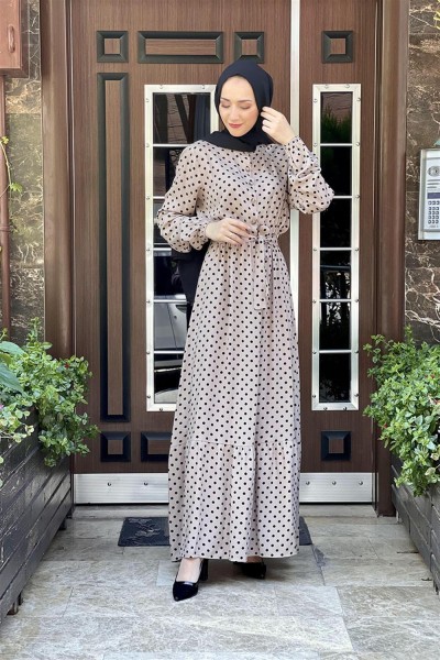 Puantiye Desenli Viskon Elbise VİZON - Thumbnail