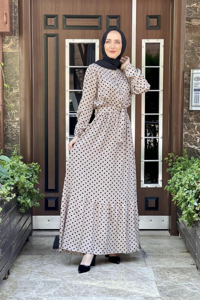 Puantiye Desenli Viskon Elbise VİZON - Thumbnail