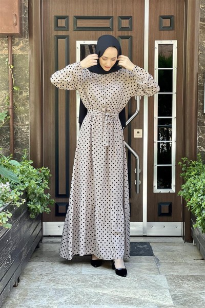 Puantiye Desenli Viskon Elbise VİZON - Thumbnail