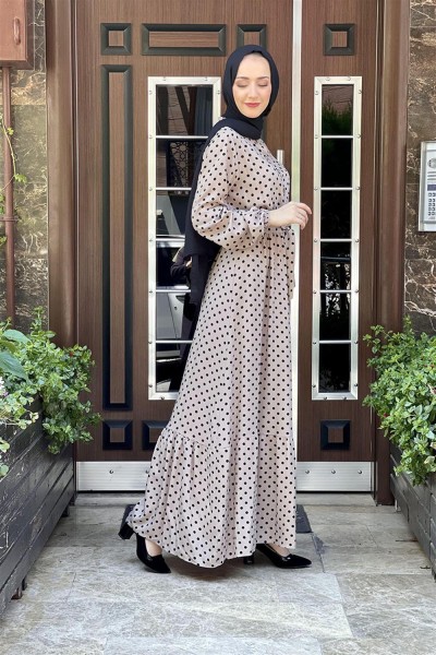 Puantiye Desenli Viskon Elbise VİZON - Thumbnail