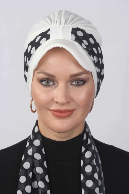 Puantiyeli Fularlı Şapka Bone  Beyaz - 1