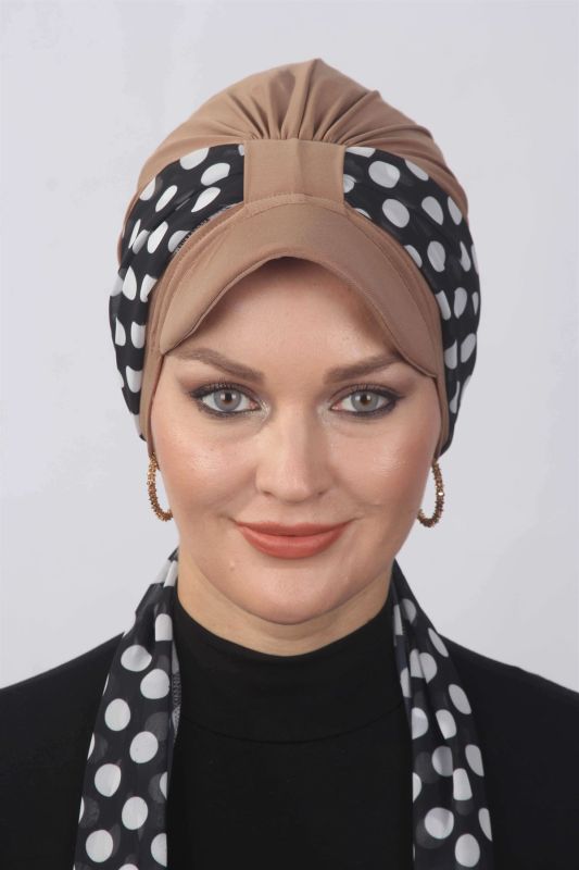 Puantiyeli Fularlı Şapka Bone  Caramel - 1
