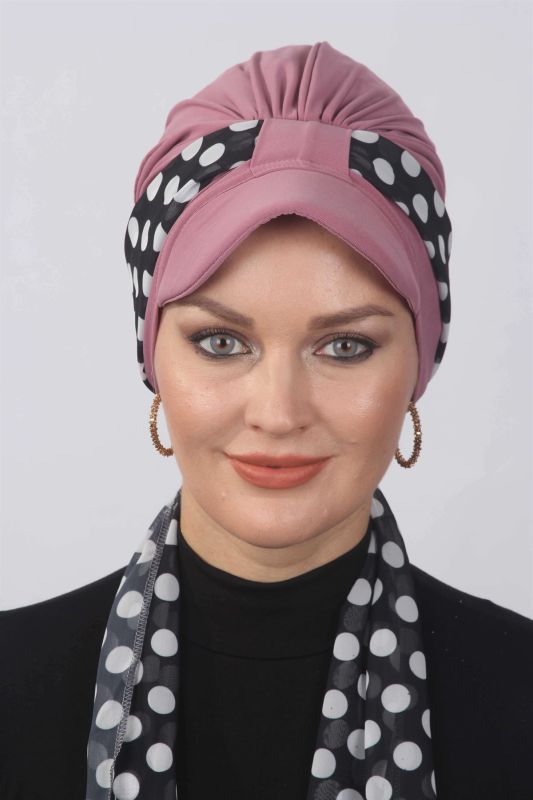 Puantiyeli Fularlı Şapka Bone Gül Kurusu - 2