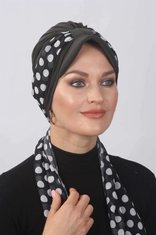 Puantiyeli Fularlı Şapka Bone Haki - 1