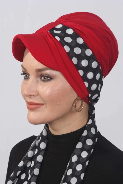Moda Çizgi - Puantiyeli Fularlı Şapka Bone-Kırmızı