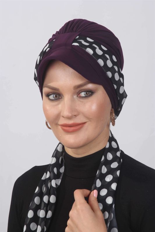 Puantiyeli Fularlı Şapka Bone Mürdüm - 1
