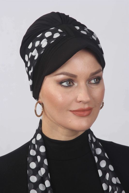 Puantiyeli Fularlı Şapka Bone  Siyah - 1