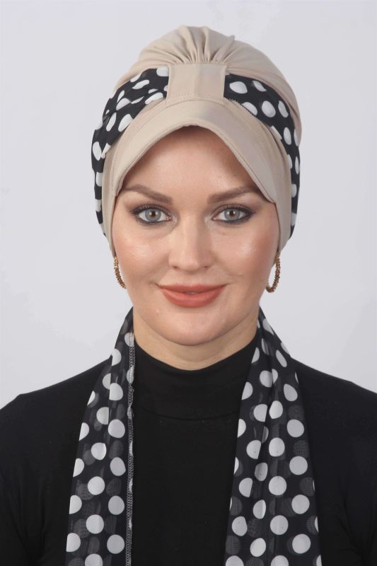 Puantiyeli Fularlı Şapka Bone Taş Rengi - 1