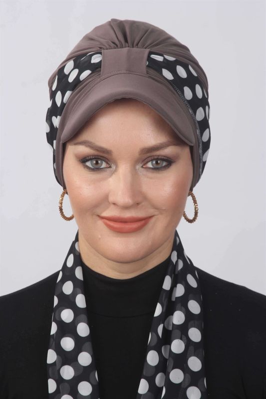Puantiyeli Fularlı Şapka Bone Vizon - 1